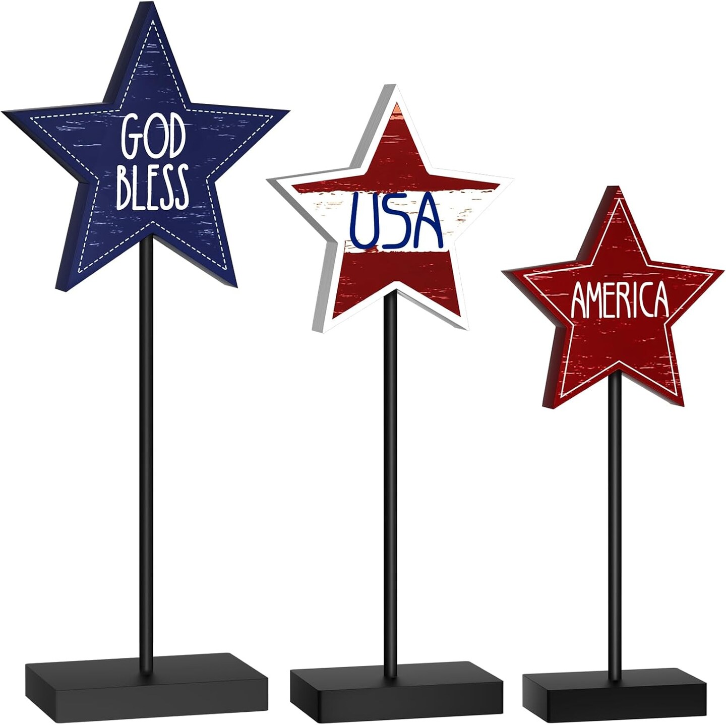 3 PCS 4th of July Wood Star Table Sign, Wooden Patriotic Table Centerpieces, Rustic Memorial Day Tabletop Decorations, Wood Standing Star, Red White and Blue Decorations for Home Office (Text)