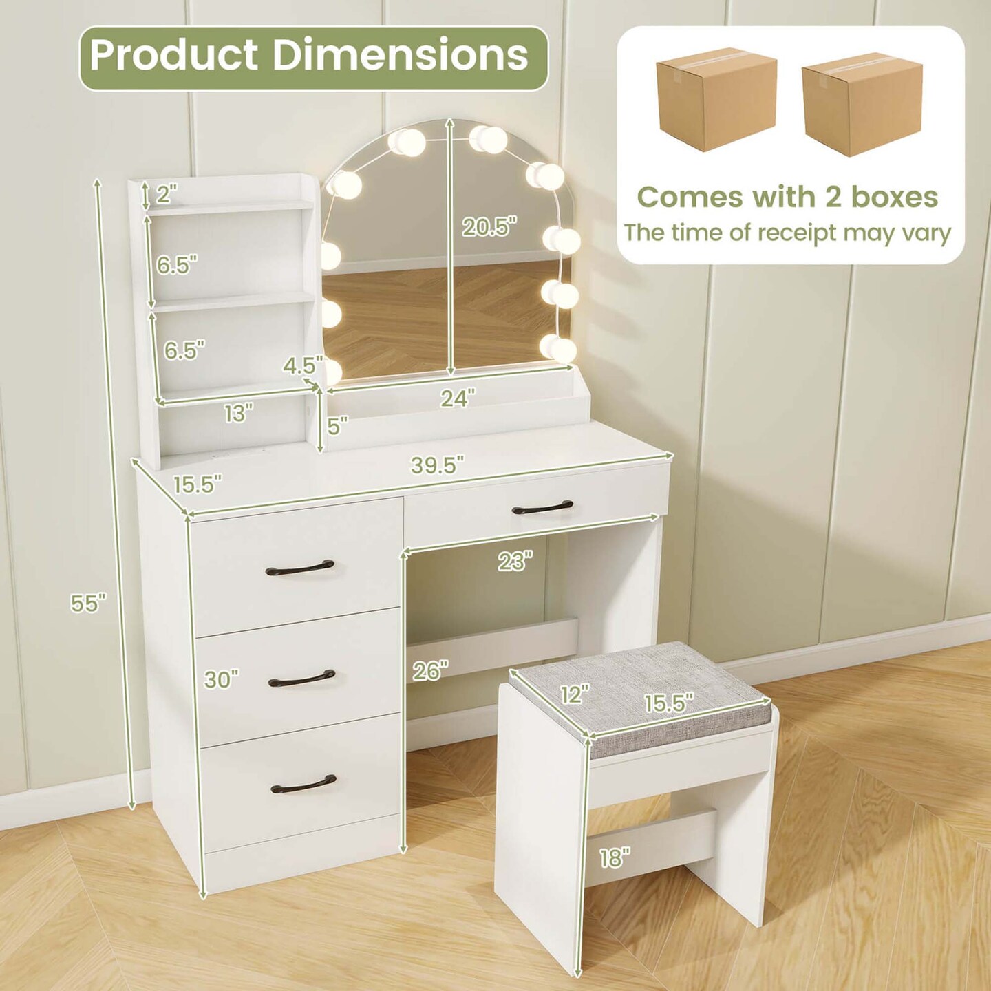 Costway Vanity Set with Mirror and Lights Dressing Table and Chair 4 Drawers 3 Open Shelves Black/White