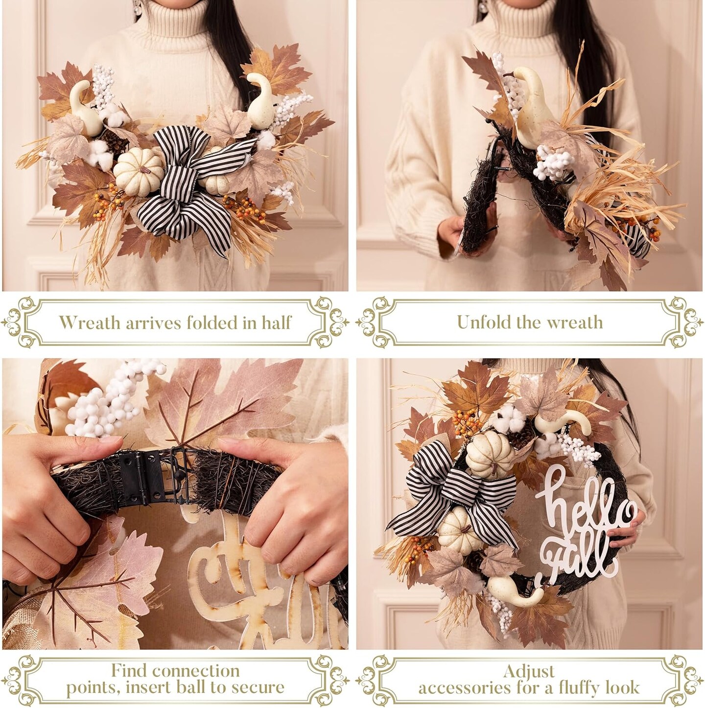 Neutral Autumn Door Wreath with Lights
