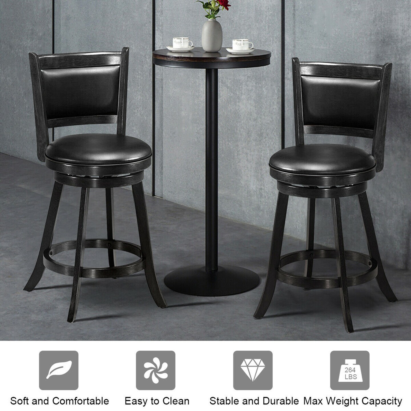 Costway 2PCS 24'' Swivel Counter Stool Dining Chair Upholstered Seat Black