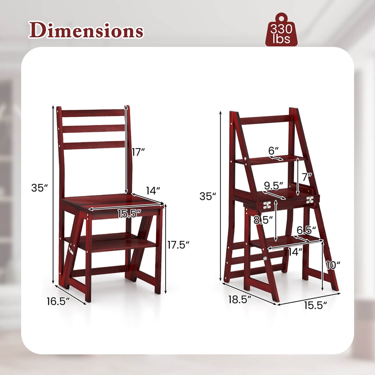 Costway 3-Step Folding Step Ladder Chair with Bamboo Frame Convertible Ladder Stool Reddish Brown/Natural