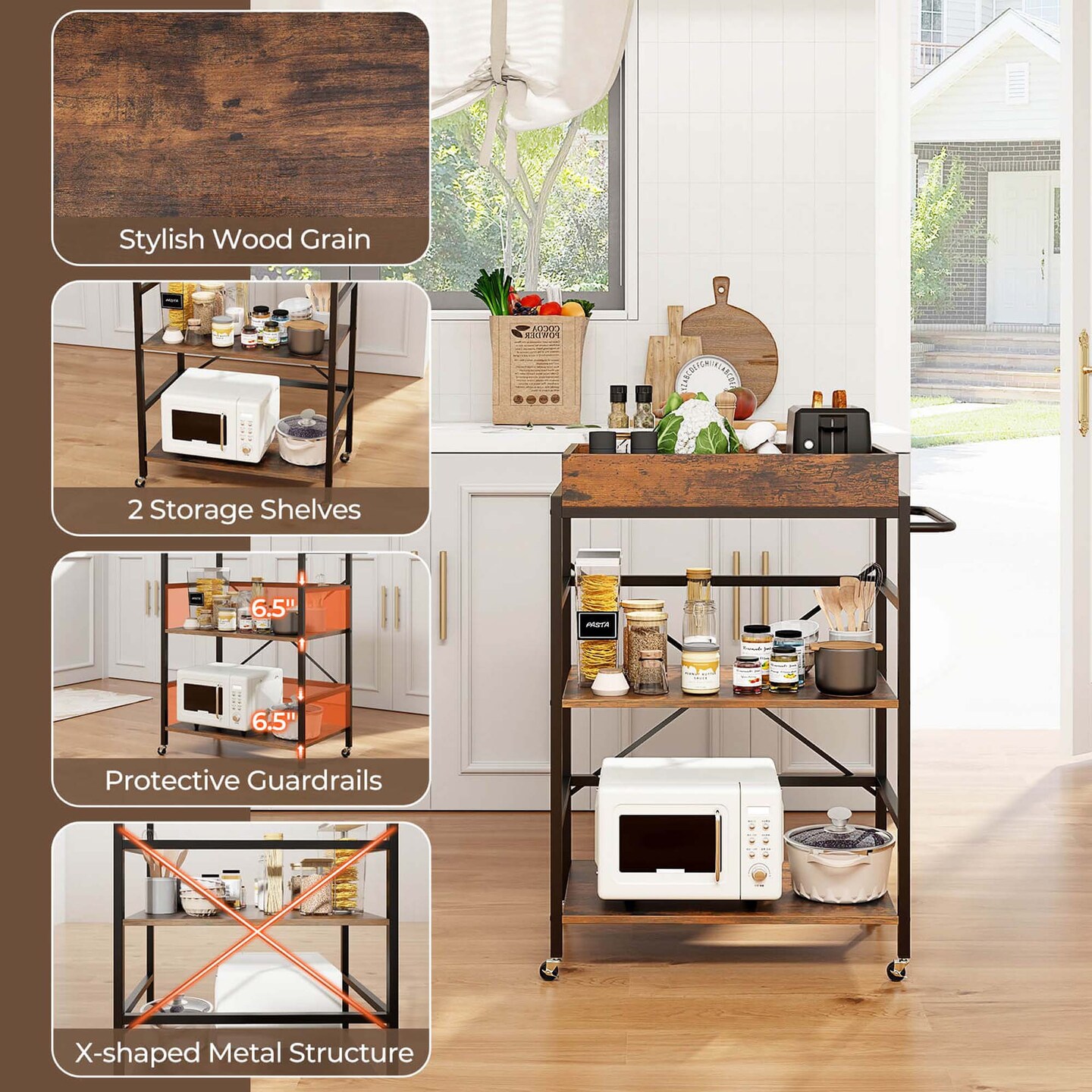 Costway 3-Tier Bar Cart with Detachable Tray 4 Lockable Casters &#x26; 1 Handy Handle