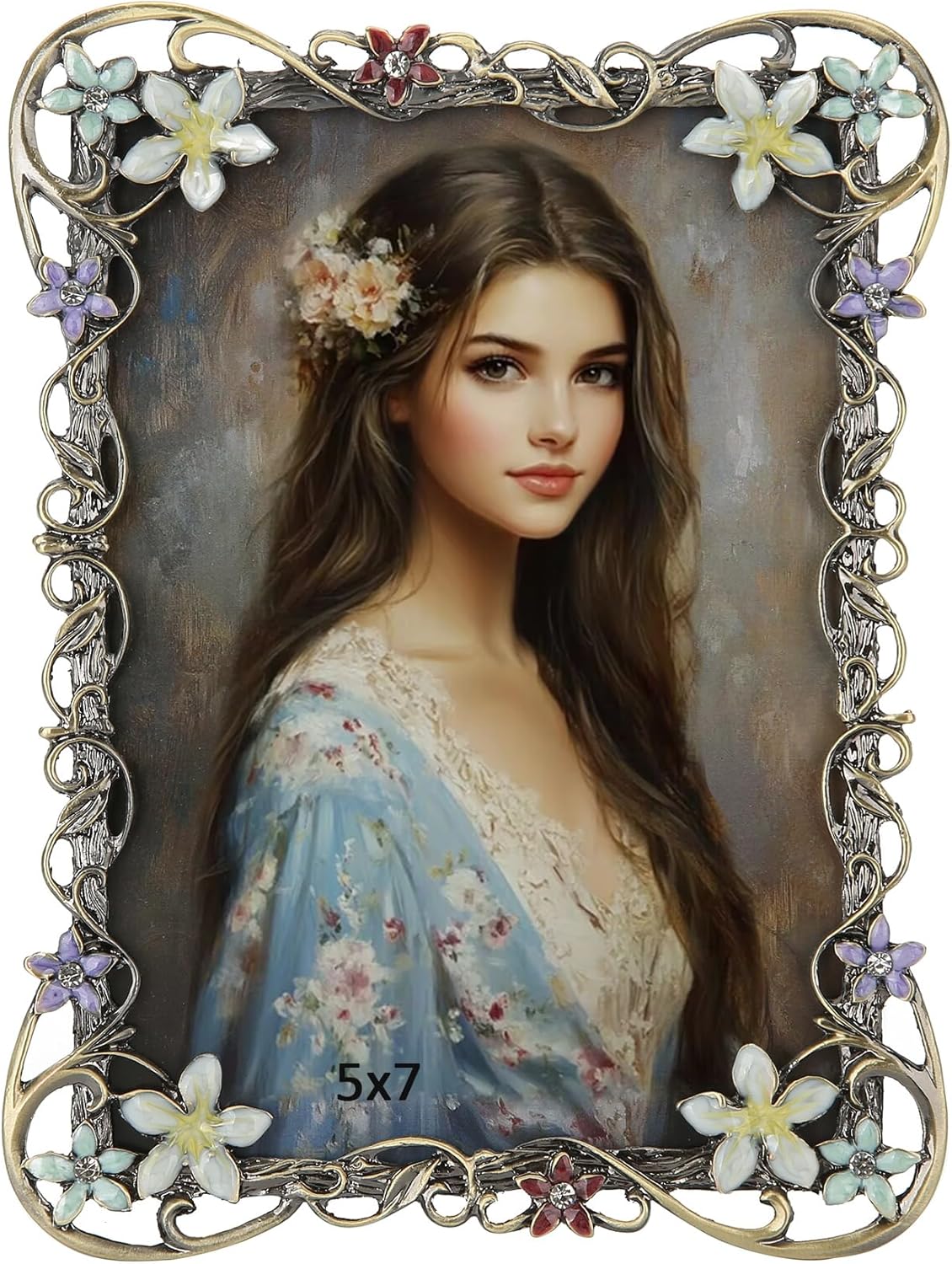 5x7 Vintage Flower Picture Frame Antique Metal Enamel Colorful Floral Photo Frame(Tree vine flower)8.5"L x 6.5"W