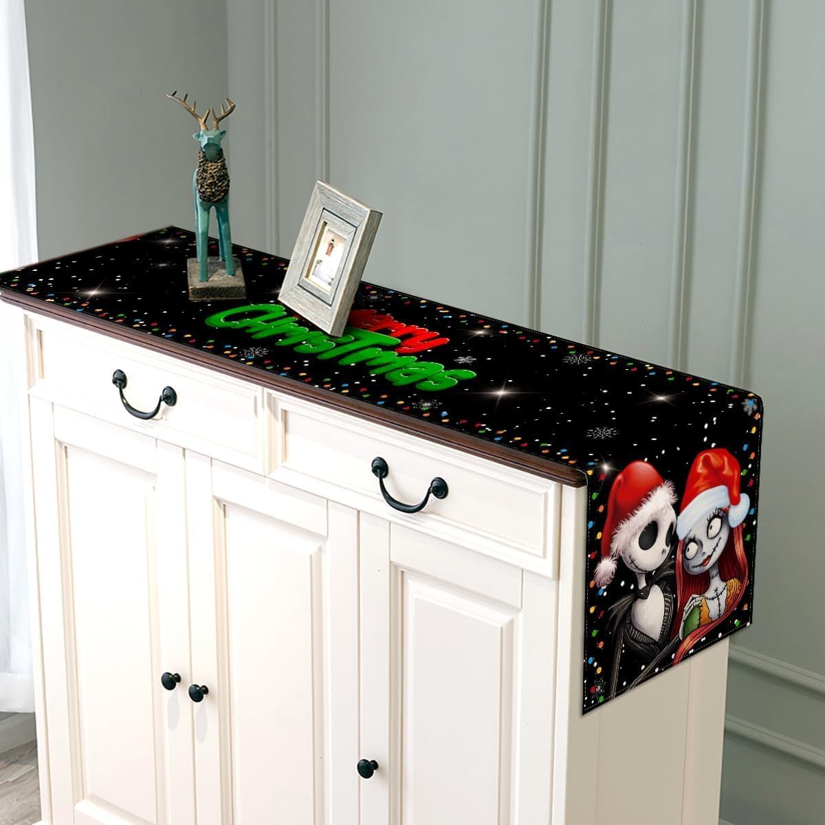 Merry Christmas Table Runner The Nightmare Before Christmas Jack Skellington and Sally Birthday Party Decoration Home Kitchen Dining Room Deocr (Black, 13&#x22; x 90&#x22;)