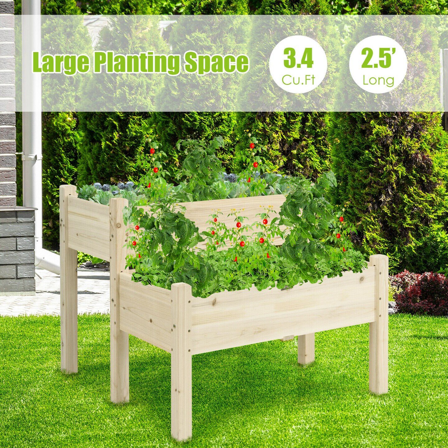 Costway 2 Tier Wooden Raised Garden Bed Elevated Planter Box w/Legs Drain Holes