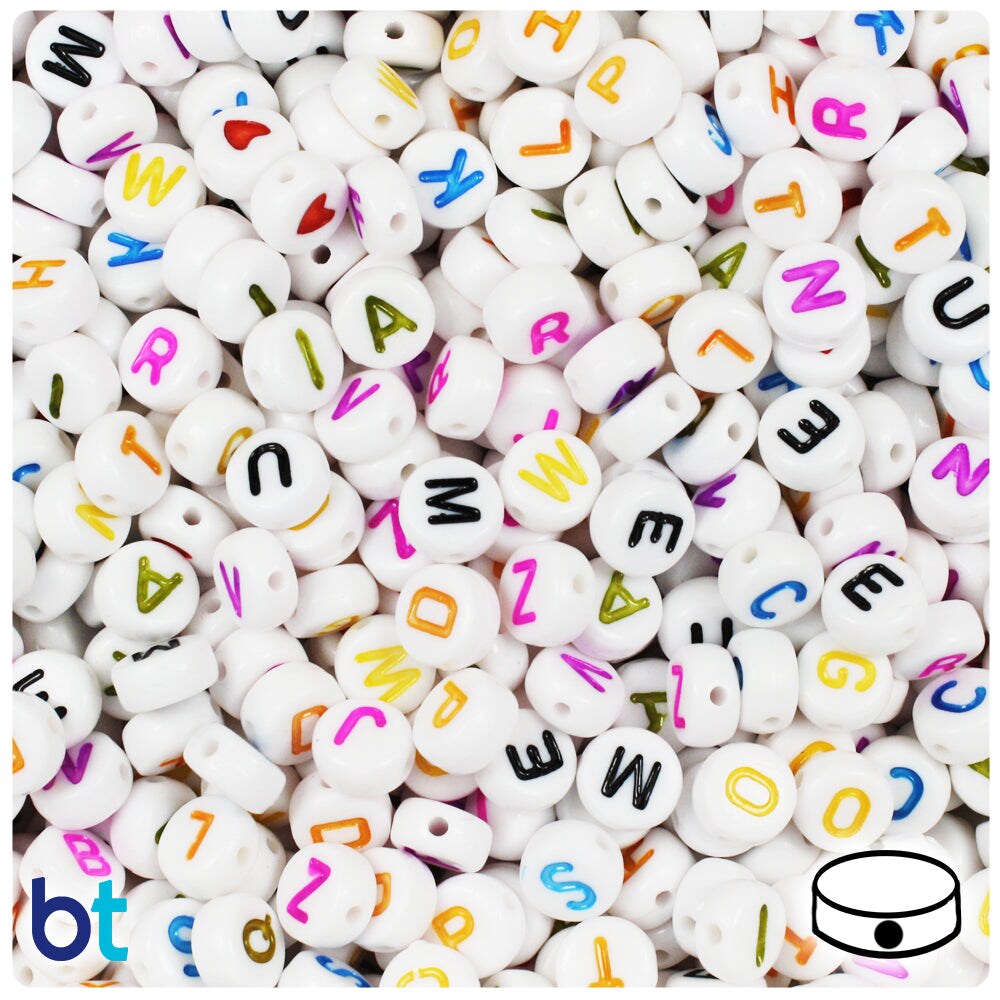 BeadTin White Opaque 7mm Coin Plastic Alpha Beads - Colored Letter Mix (250pcs)