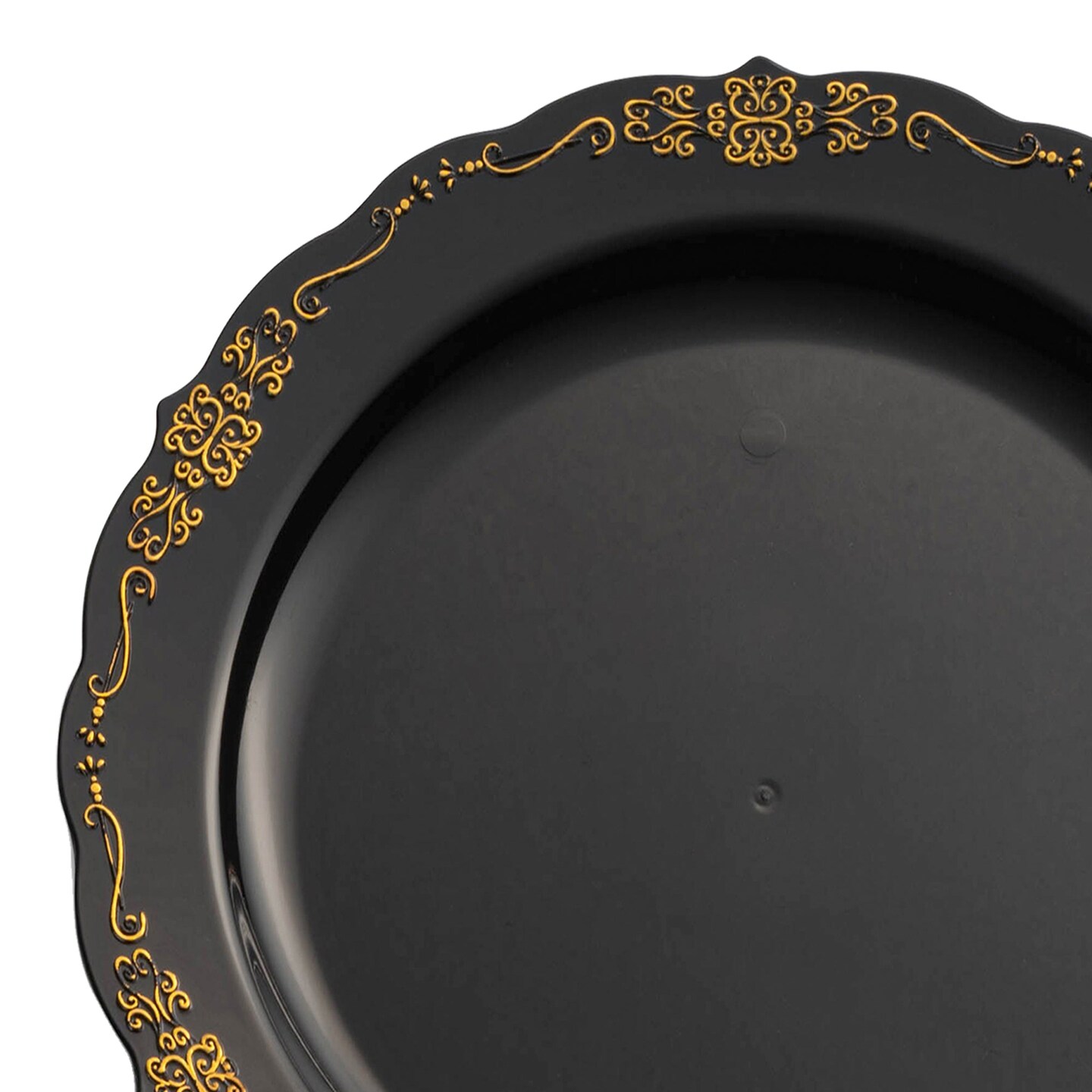 Black with Gold Vintage Rim Round Disposable Plastic Dinner Plates - 10" (120 Plates)