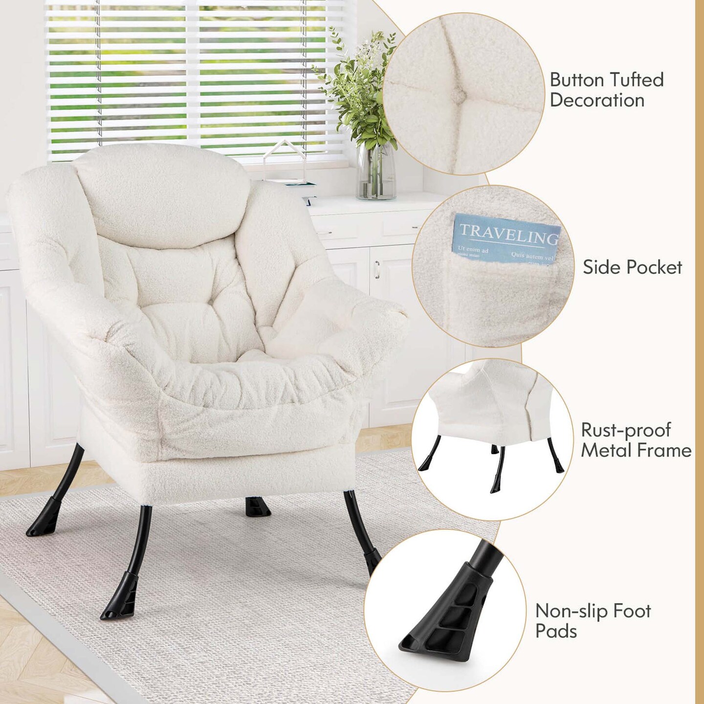 Costway Large Lazy Chair with Cozy Head Pillow Stylish Tufted Back &#x26; Seat Armrests Beige/Gray/Pink