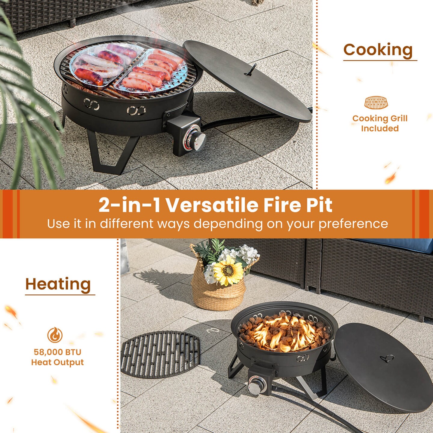 Costway 17&#x22; Portable Gas Fire Pit with Folding Legs &#x26; Removable Grill Carrying Bag