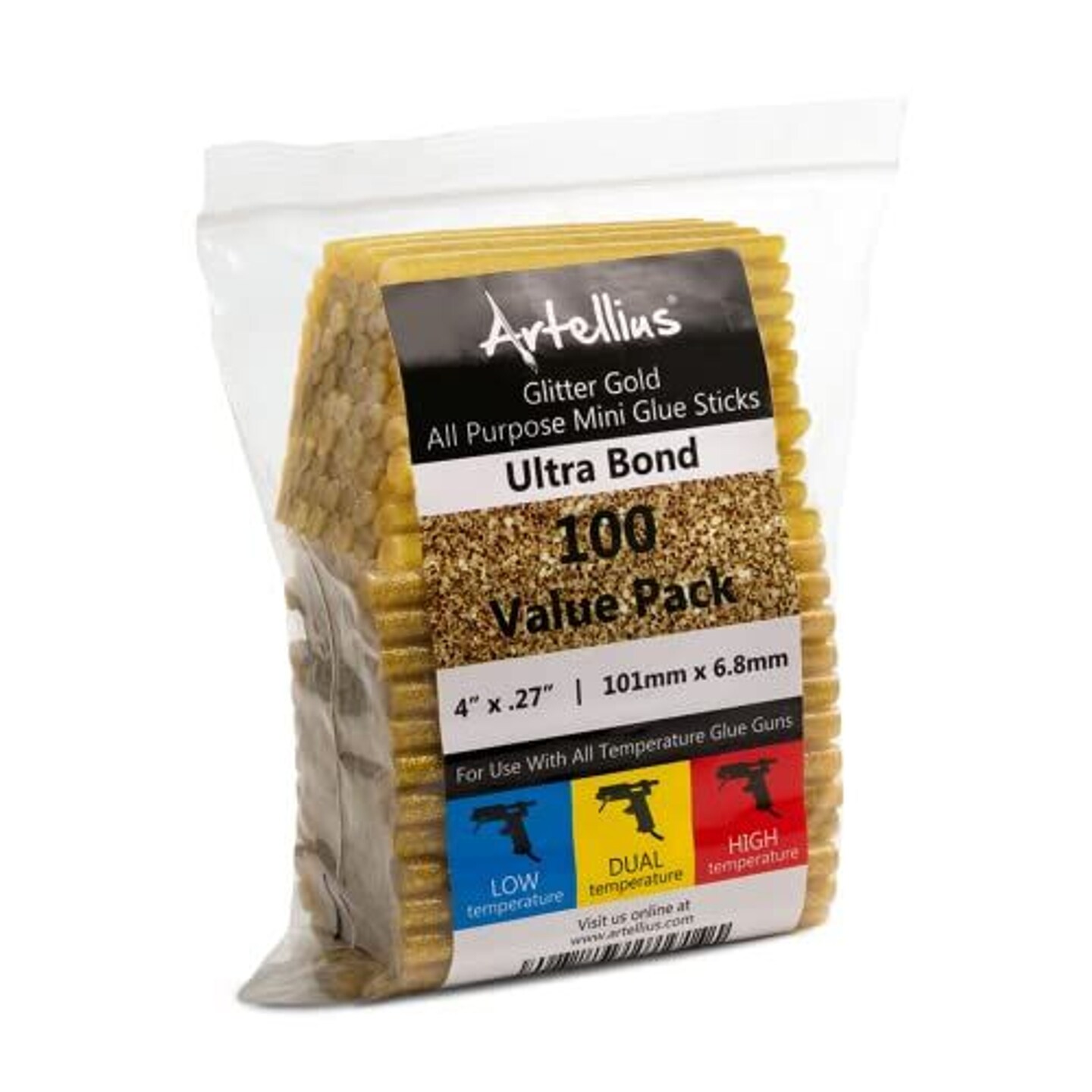 Artellius 100 Pack Hot Glue Sticks 4&#x22; x.27&#x22; - Ultra Bond Hot Melt Adhesive Mini Glue Sticks for All temperature, Gold Glitter