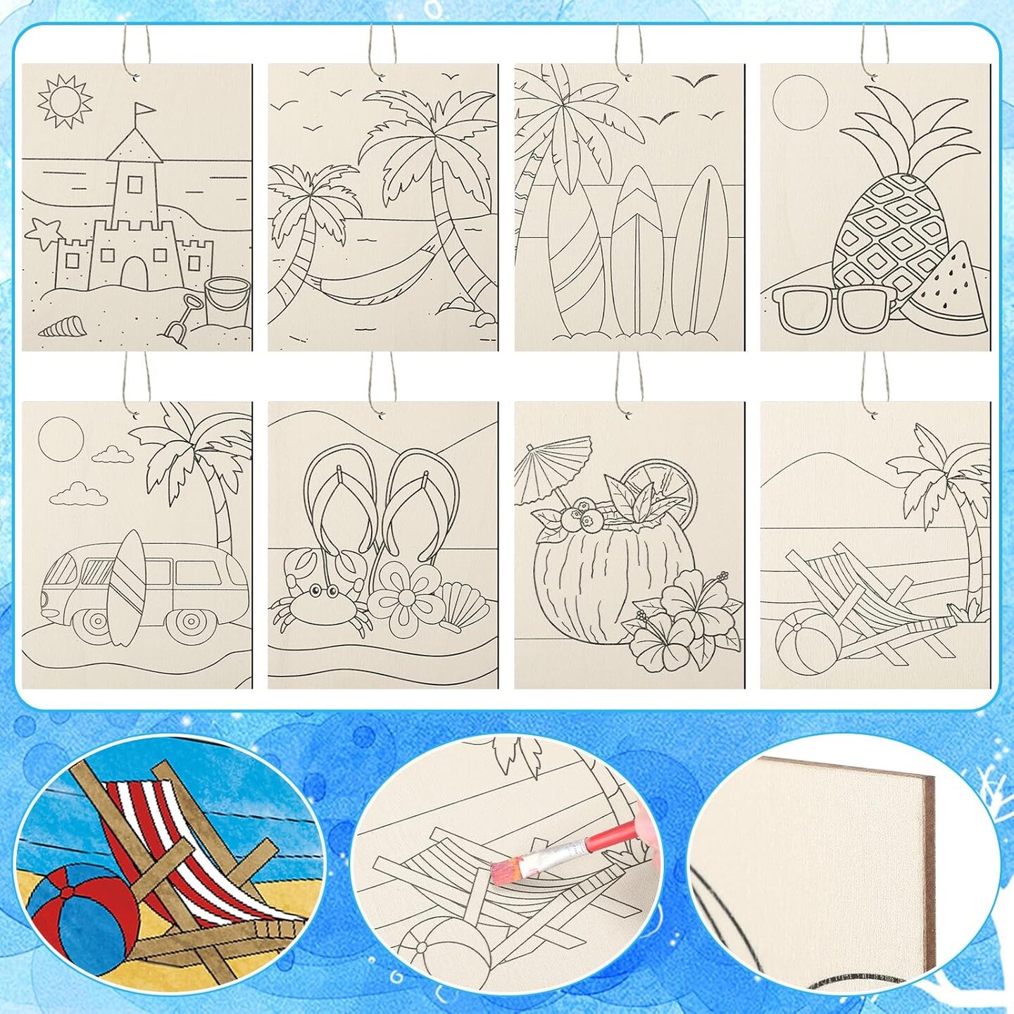 24 Pcs Large Summer Unfinished Wood Crafts to Paint, Predrilled Beach Coconut Surfboard Wooden Slices with Rope Hawaii Coloring Ornament Crafts for Summer DIY Home Party Activities