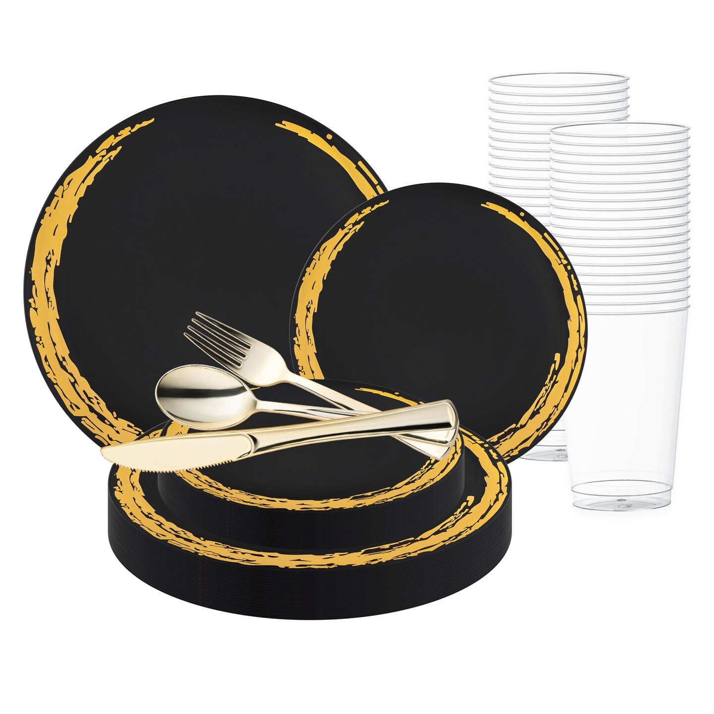 Black with Gold Moonlight Round Disposable Plastic Wedding Value Set (20 Settings)