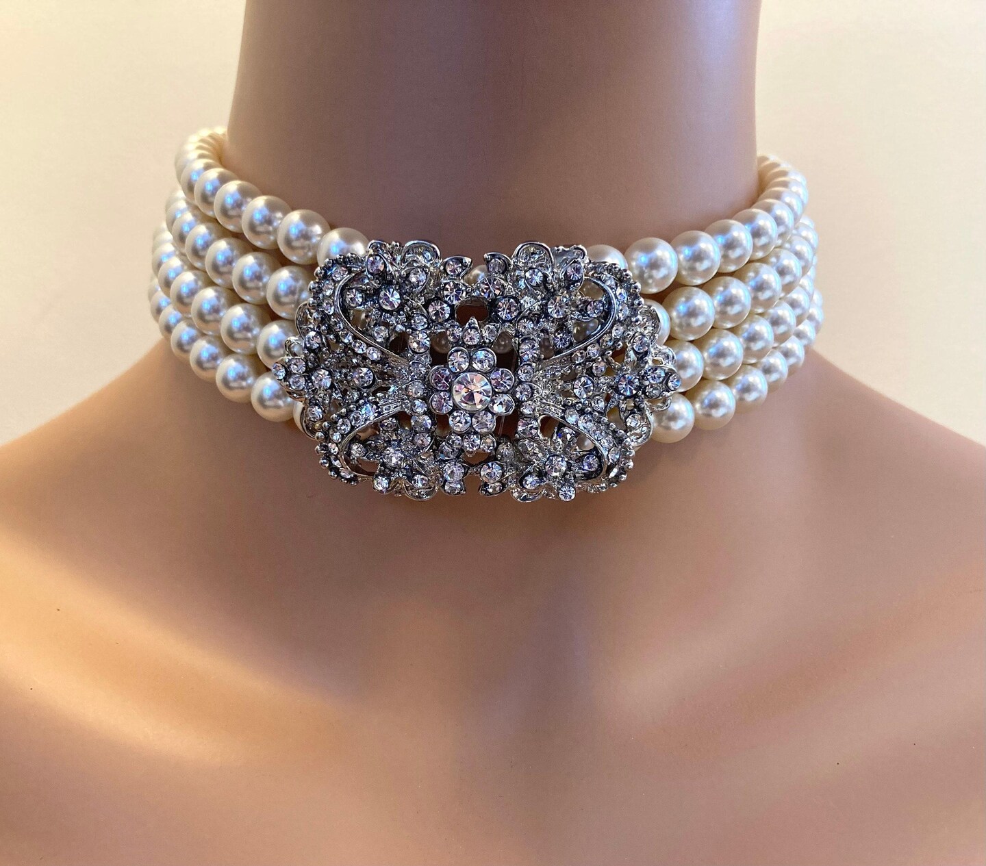 Pearl Choker 4 strands of layered pearls silver Art Deco rhinestone brooch cream ivory pearls perfect wedding pearl necklace gift for her product 7