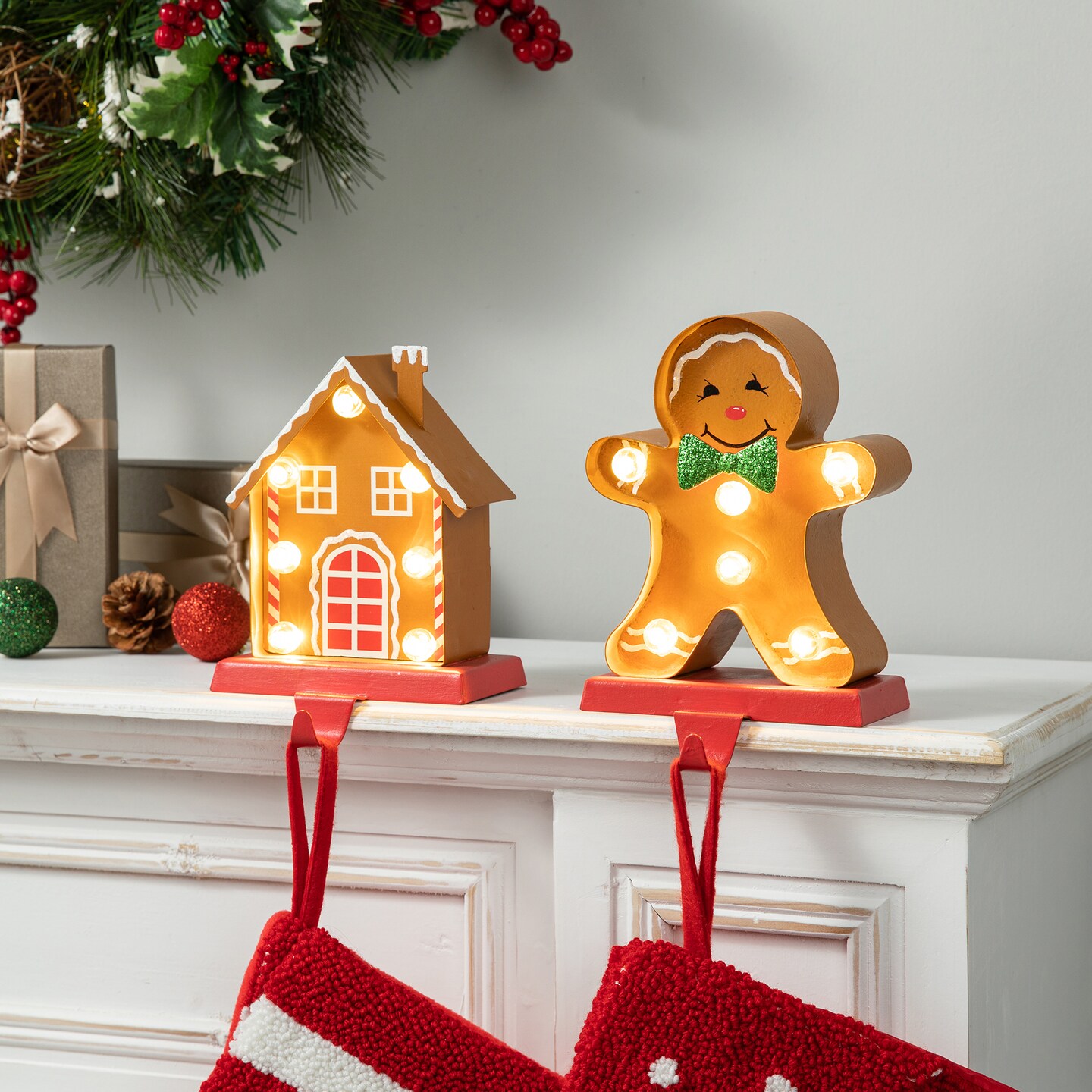 Set of 2 Marquee LED Gingerbread House & Gingerbread Man Christmas Stocking Holder