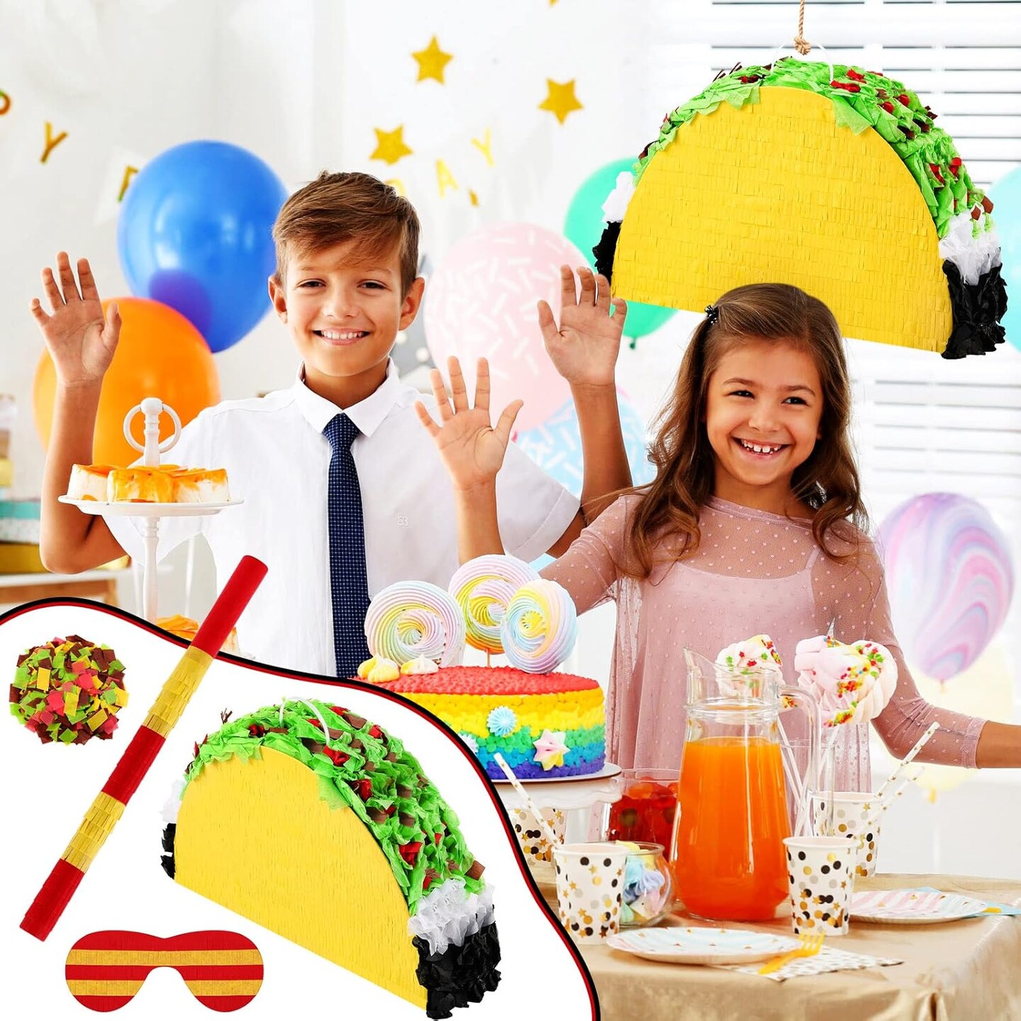 Mini Taco Pi&#xF1;ata Mexican Decorations Taco Party Supplies Fiesta Cinco De Mayo Party Decorations with Wooden Stick Paper Blindfold Confetti Set for Adults Girls and Boys, 15.8x 10.3 x 2.8 Inch