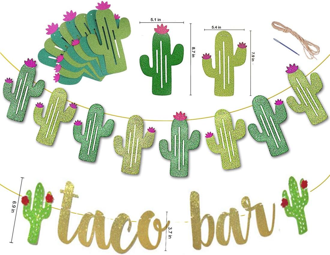 2 Set Fiesta Taco Bar Cactus Banner Garland, Gold Green Glittery Fiesta Banner for Mexican Fiesta Party Cinco De Mayo Decorations