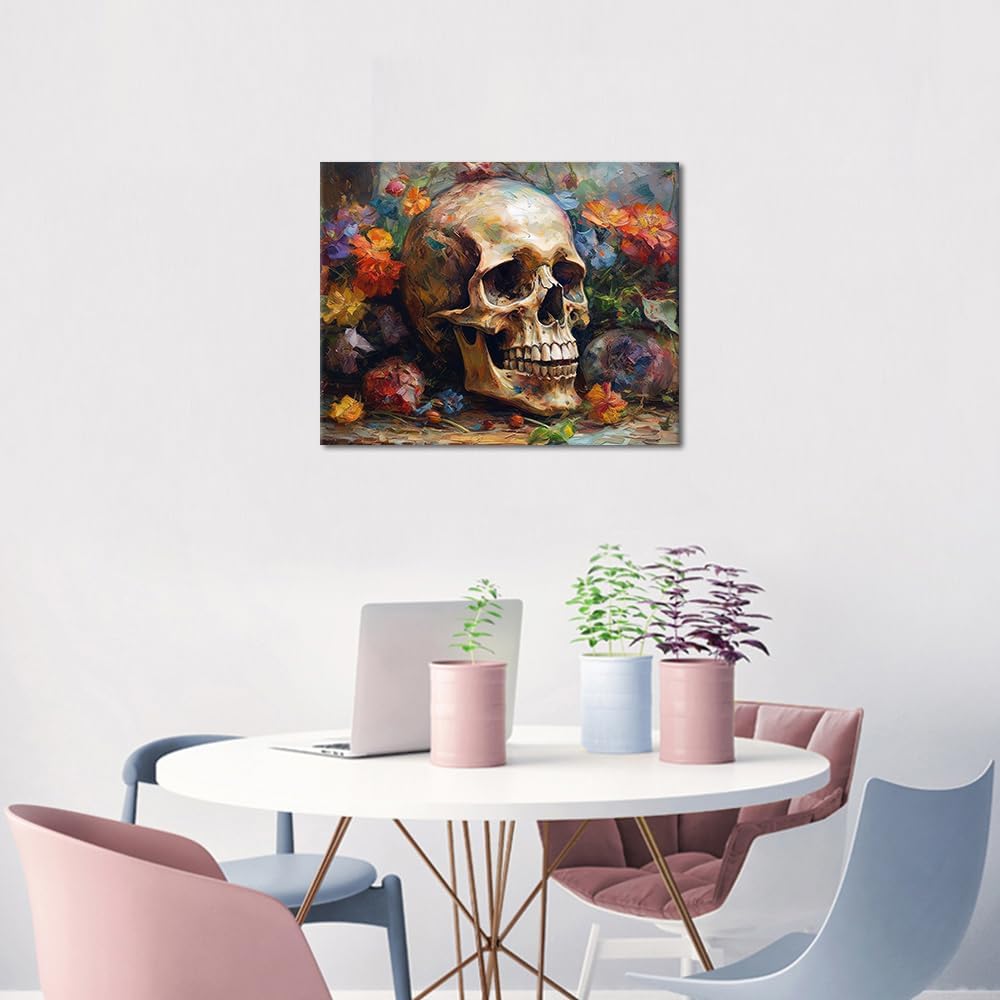 Skull Paint by Numbers Skull Surrounded with Flowers Paint by Number Kits Canvas DIY Oil Painting for Adults Beginners, Paint by Number Adult Paint by Number Kits Home Decor, 16 x20 Inch