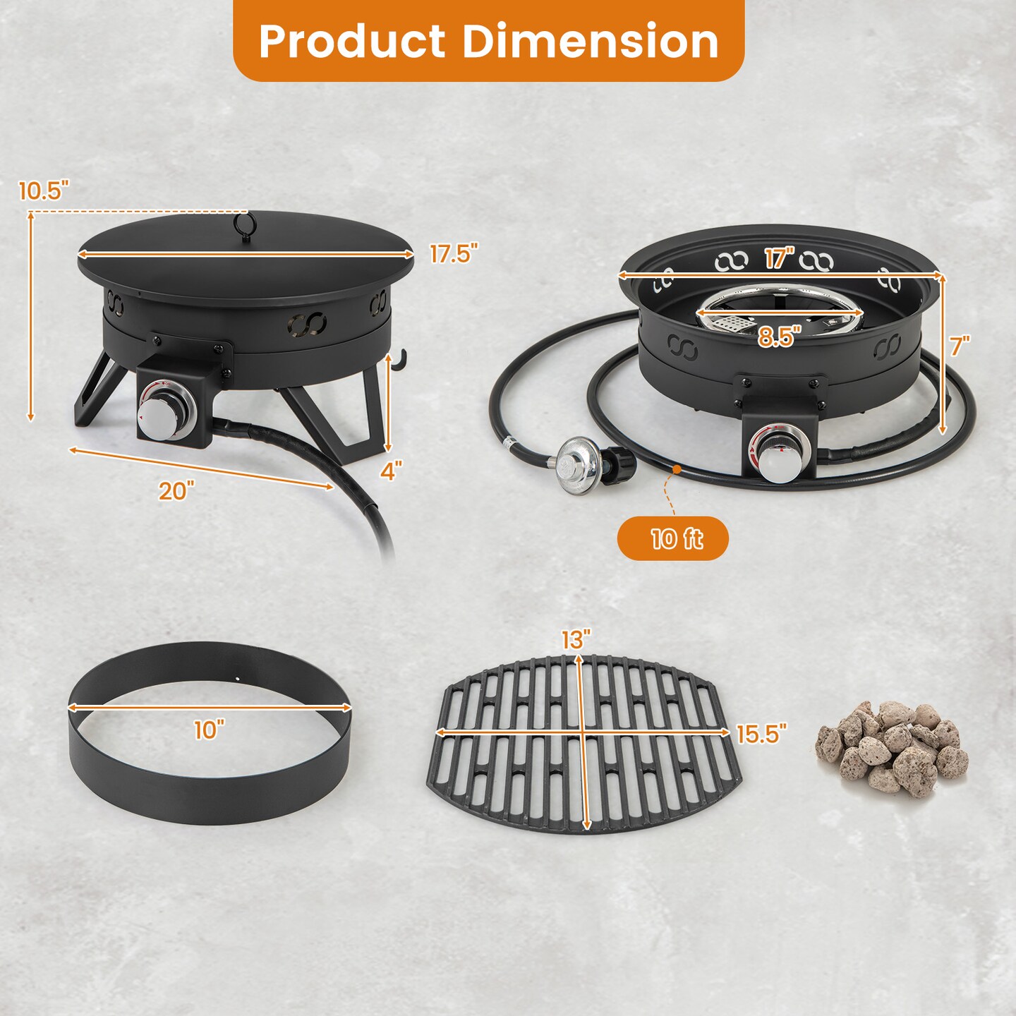 Black Metal and Stainless Steel 2-in-1 Fire Pit with Grill