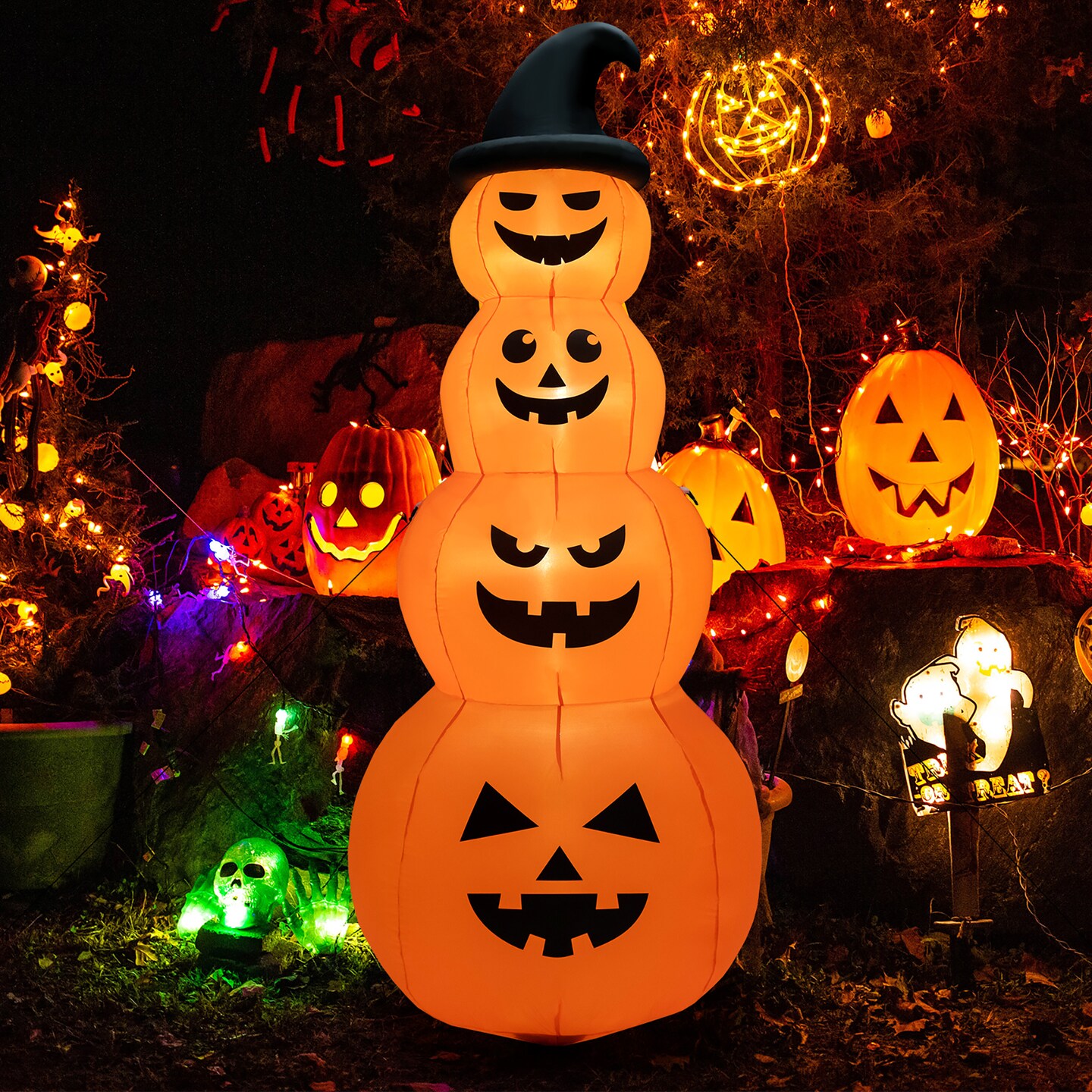Costway 8FT Halloween Inflatable Stacked Pumpkins Blow-up Holiday Decoration w/ LED Lights