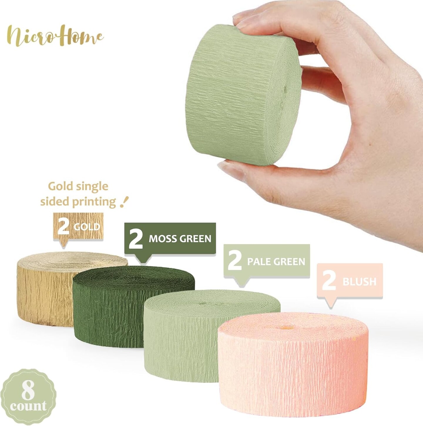 8 Rolls Moss Sage Green Pink Crepe Paper Streamers(Moss Green)