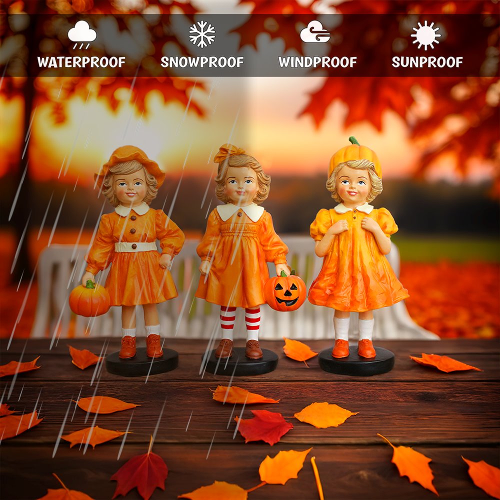Inviting Pumpkin Girl Trio Set of Figurines, 6&#x22; Victorian Autumn Fall and Halloween Table Decoration