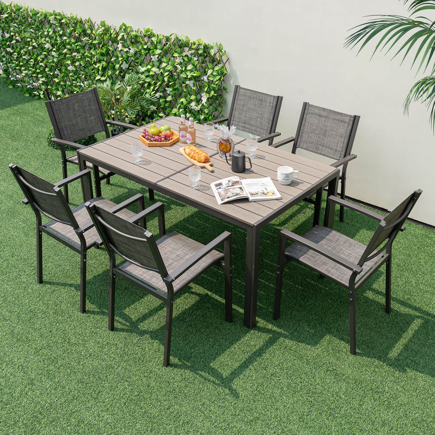 Costway 7 PCS Outdoor Dining Set with 6 Stackable Chairs & Large Rectangle Table Garden