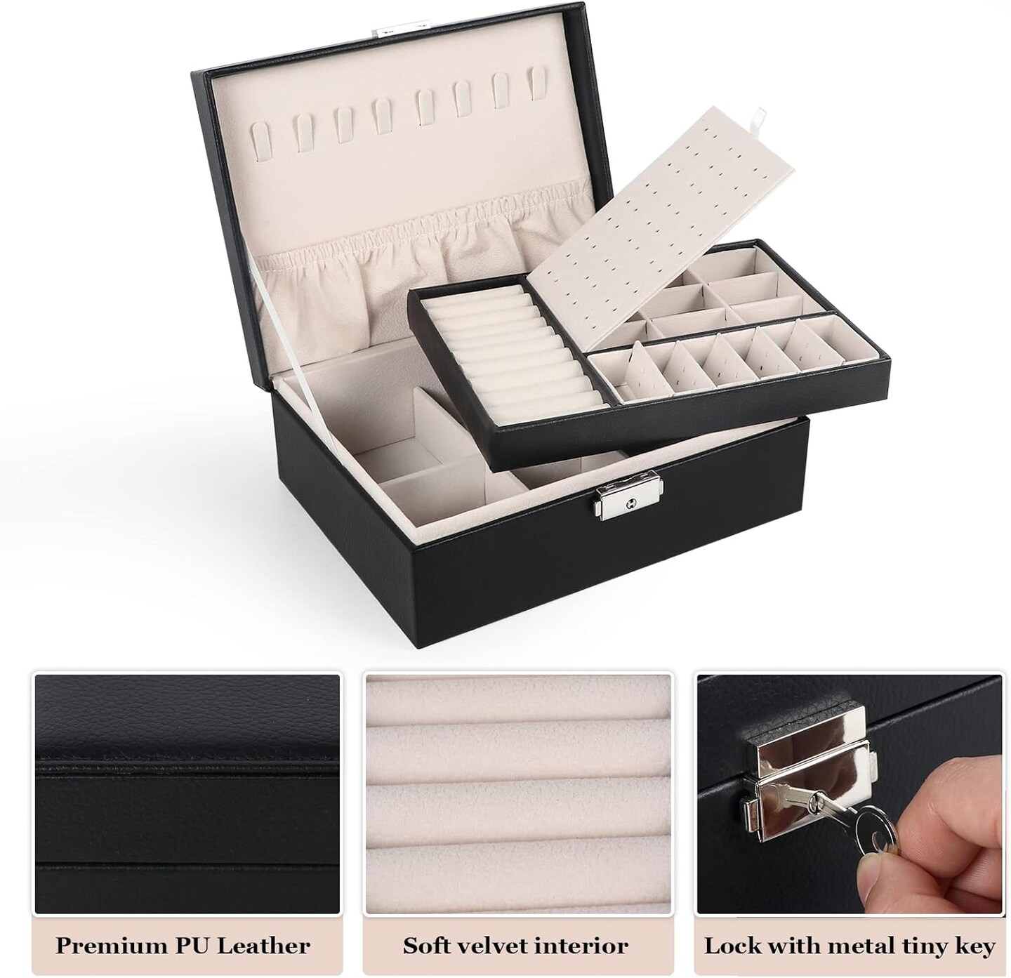 Jewelry Box for Women Girls, 2 Layers Jewelry Organizer Container with Lock, PU Leather Storage Case with Removable Tray, Jewelry Storage Box for Necklaces Earrings Bracelets Rings Watches - Black