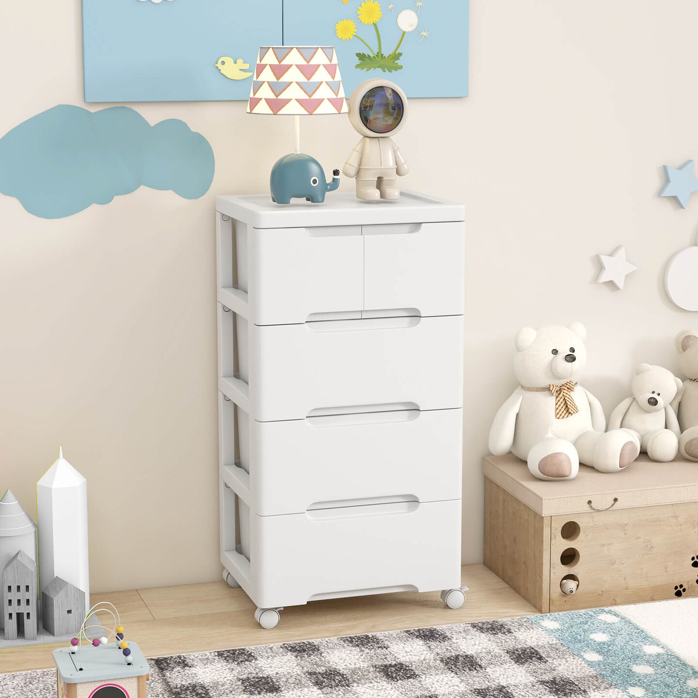 Costway 1/2 PCS 5-Drawer Plastic Rolling Storage Cart with 4 Universal Wheels Dresser Cabinet