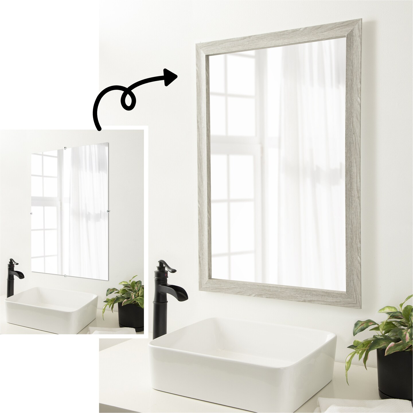 Amanti Art Mirror Makeover Bathroom Mirror Frame Border Kit - Fully Assembled Peel and Stick Frame - Mirror NOT Included - Dove Greywash Narrow Trim