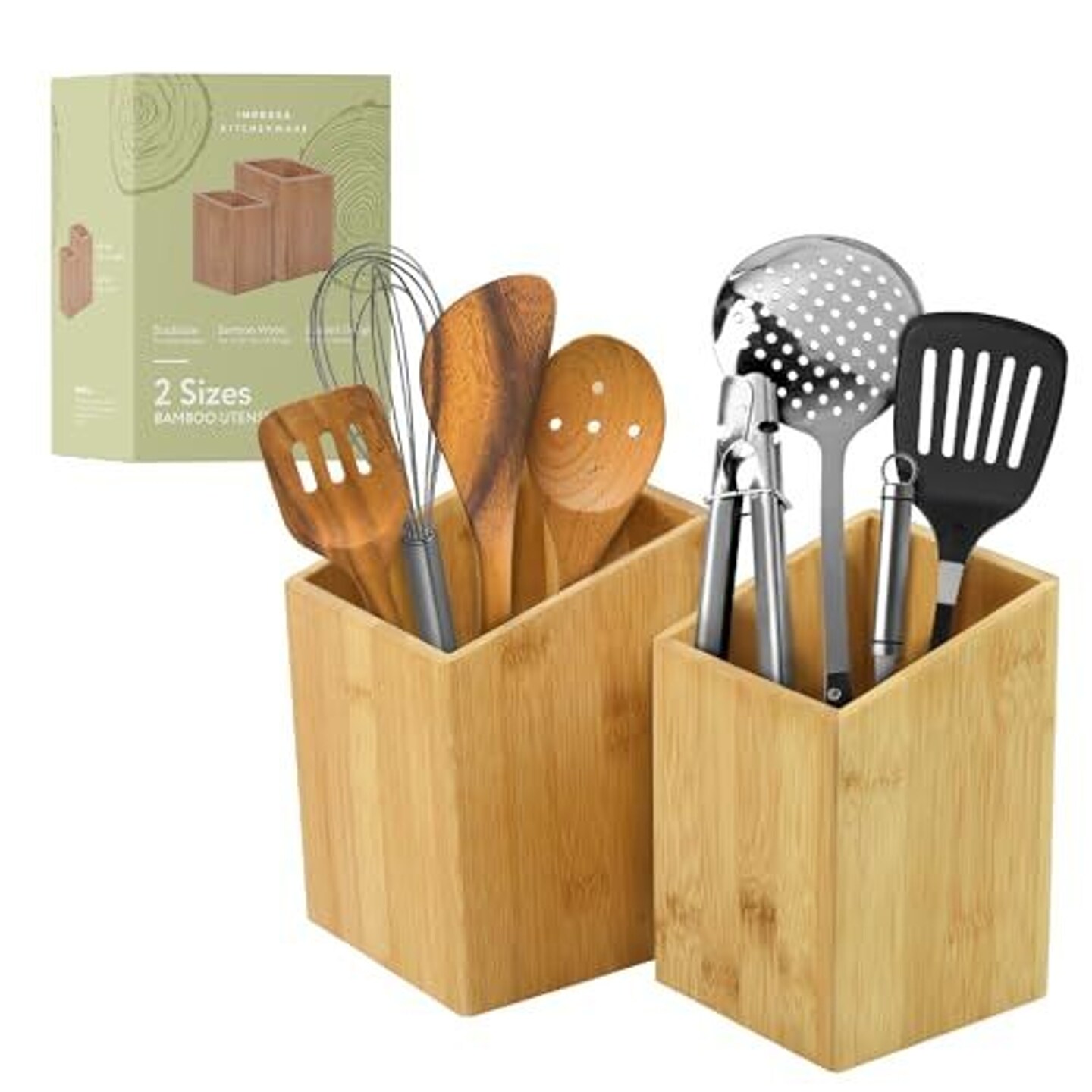 [2 Pack] Bamboo Utensil Holder for Clutter-Free Kitchen &#x2013; Stylish Kitchen Utensil Crock for Elegant Display and Storage &#x2013;Wooden Utensil Holder Set for Countertop &#x2013; Bamboo Kitchen Accessories