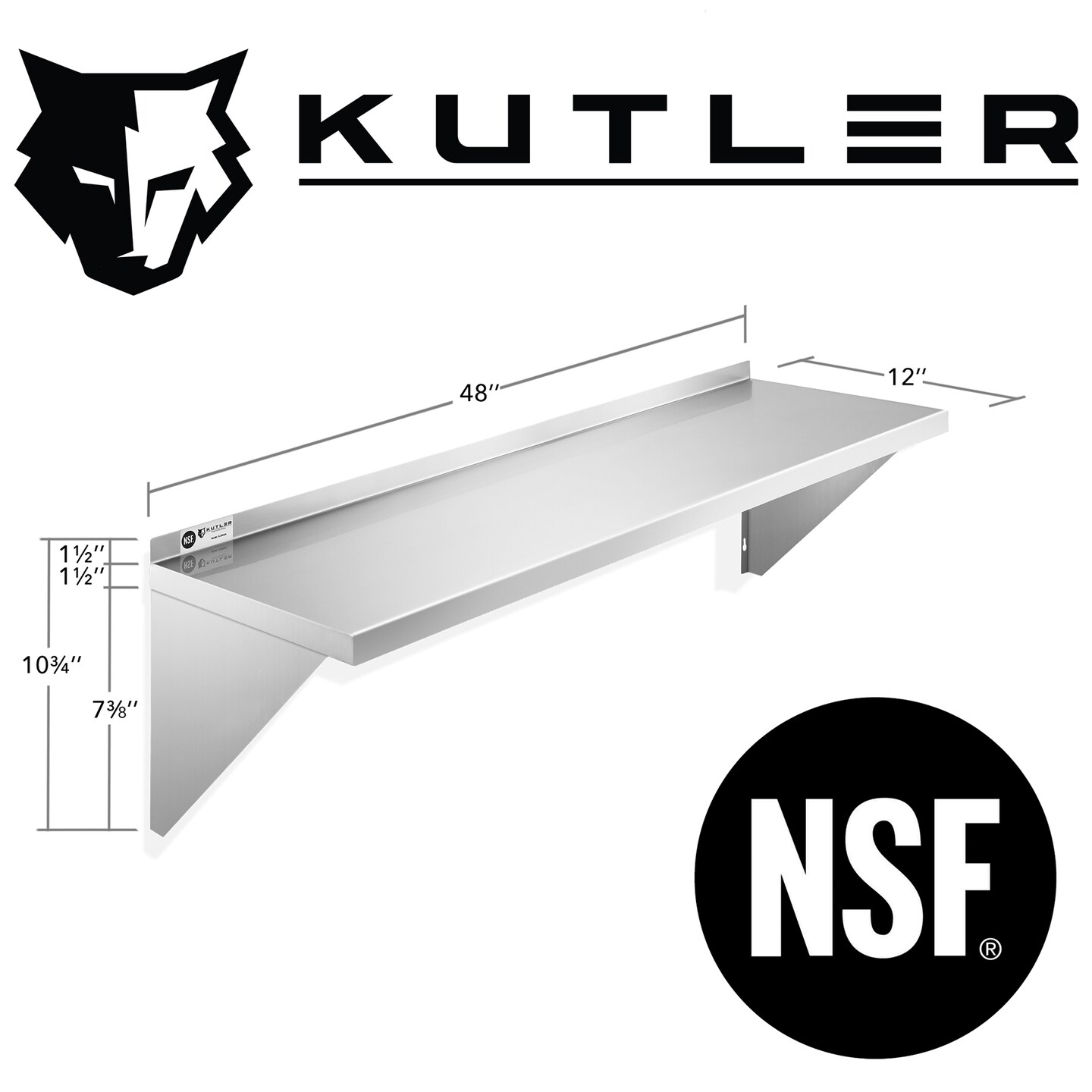 KUTLER Stainless Steel Shelf, NSF Commercial Wall Mount Shelves with Backsplash, Floating Metal Shelving for Restaurant, Kitchen, Home, Garage