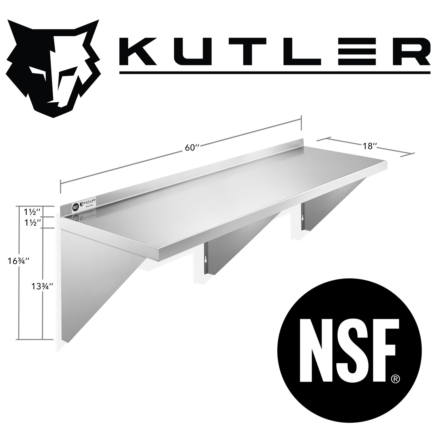 KUTLER Stainless Steel Shelf, NSF Commercial Wall Mount Shelves with Backsplash, Floating Metal Shelving for Restaurant, Kitchen, Home, Garage
