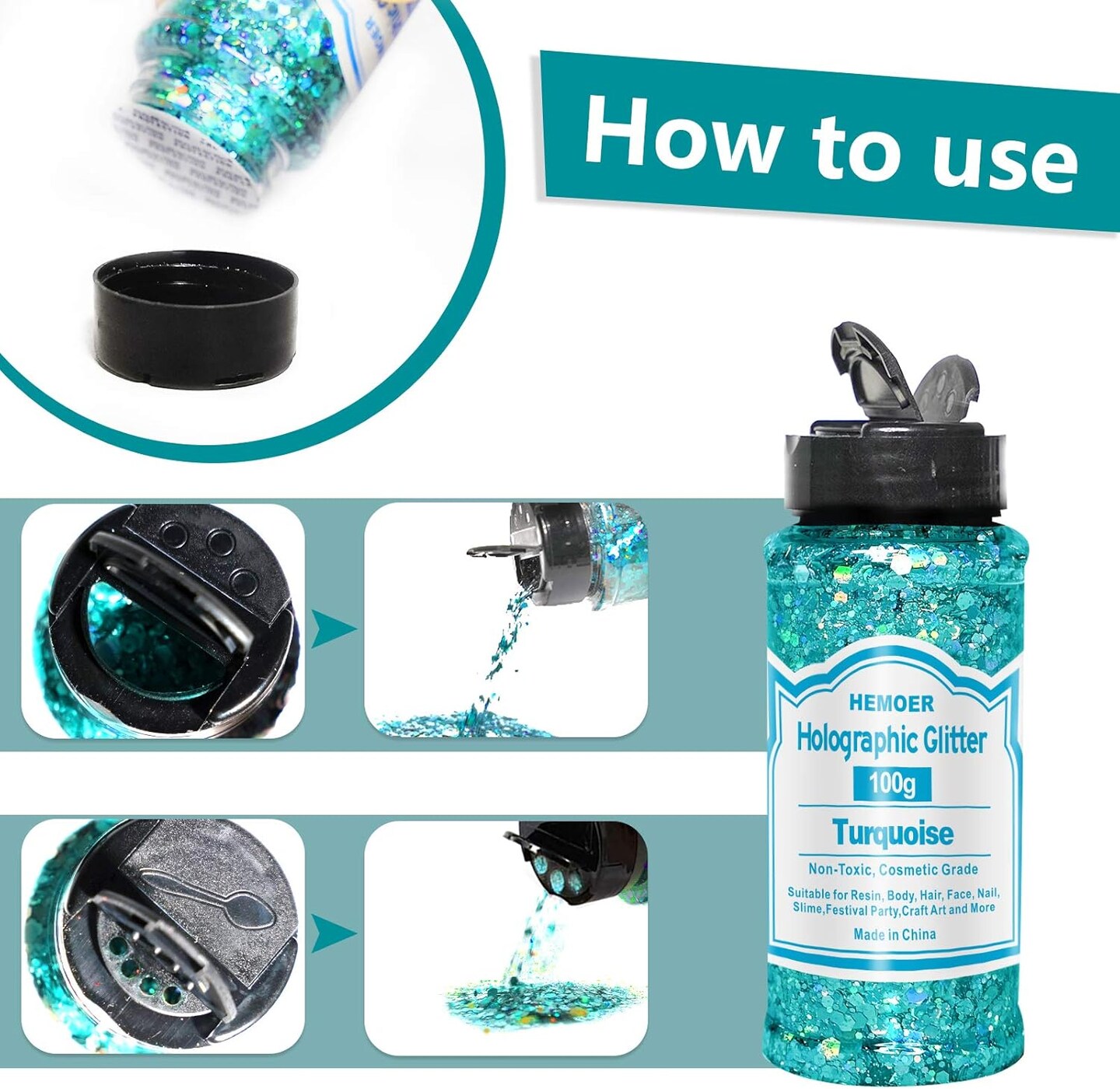 100g Holographic Chunky Glitter, Cosmetic Mixed Hexagon Chunky & Fine Craft Glitter Resin Sequins for Epoxy Glass, Resin Art, Body, Hair, Face, Nail, Slime, Tumbler, Festival Party - Turquoise