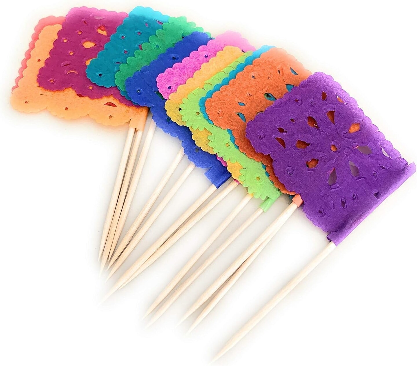 Set of 24 Pcs Multi-Colored Mini Mexican Paper Papel Picado Tissue Banner Flags Banderita s Fiesta Party Decorations Cupcake Topper Party Banderines Flower Design
