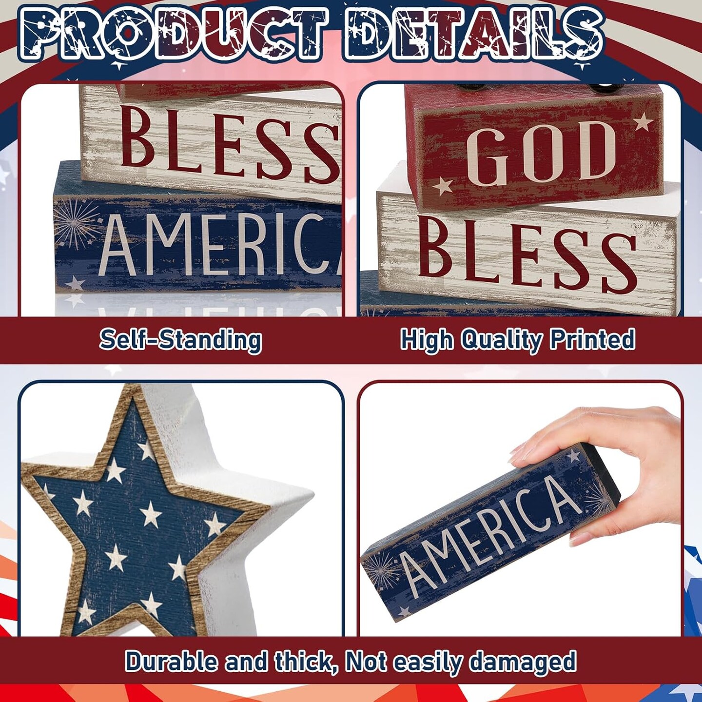 9 Pcs 4th of July Tabletop Decorations Memorial Day Decorations Patriotic Tiered Tray Decor Wooden Star Truck Block Sign for American Independence Day Tables Desk Mantle Shelf Decoration