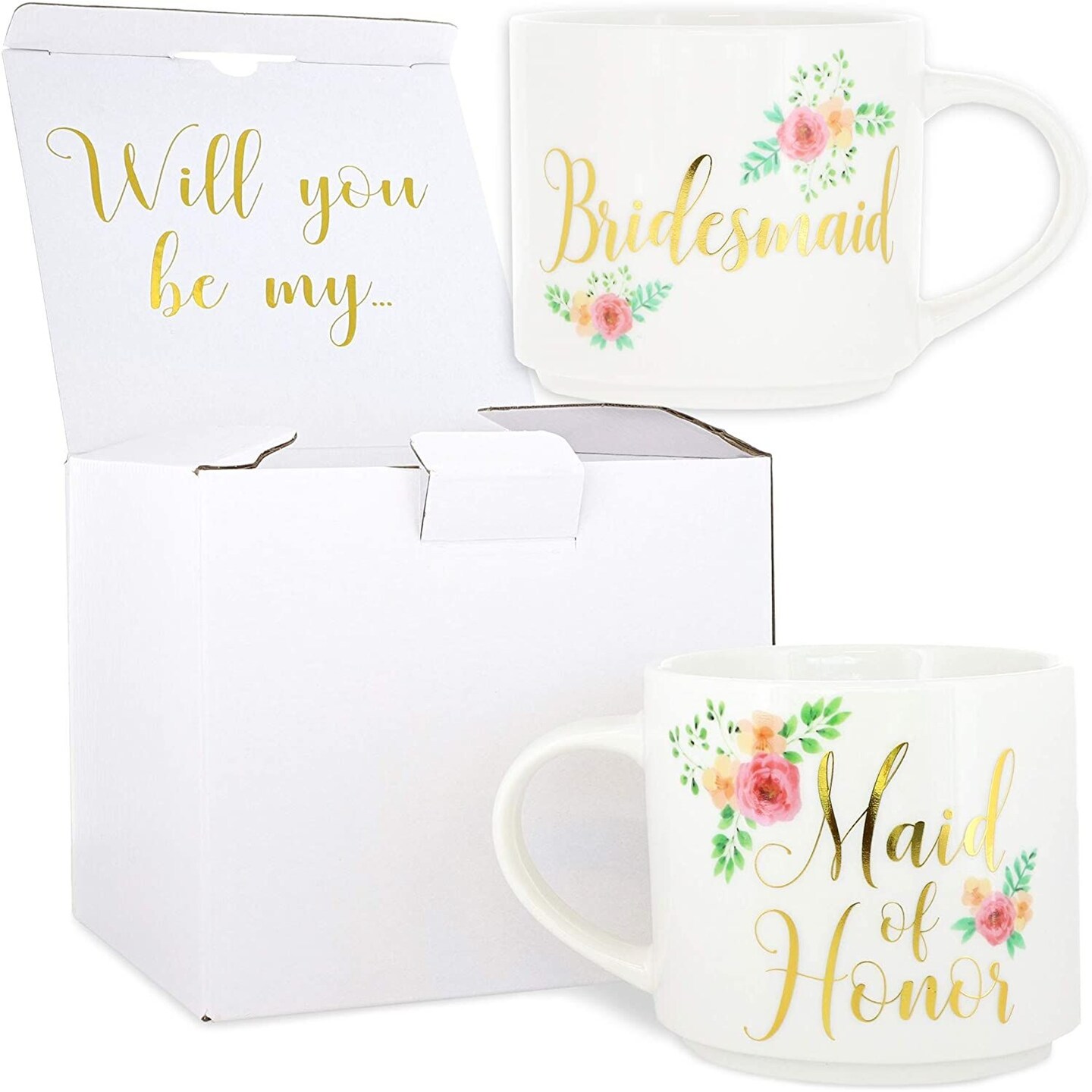Floral Stackable Coffee Mugs, Maid of Honor and Bridesmaid (15 oz, Set of 2)