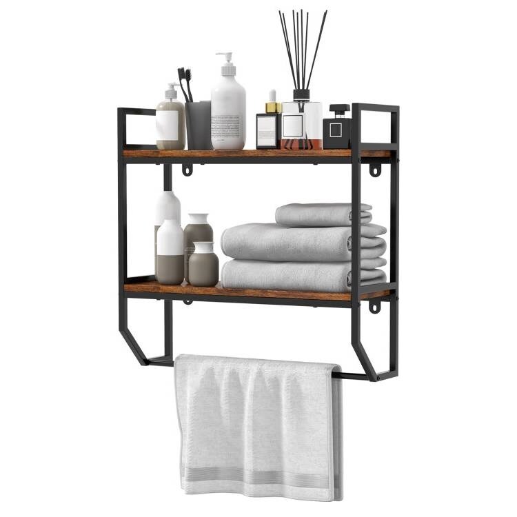 Rustic Brown Wall Mounted Bathroom Shelf with Towel Bar Modern 2 Tier Over Toilet Storage Rack