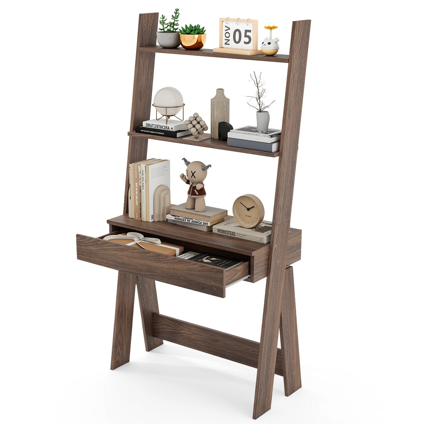 Costway Home Office Ladder Desk Wall-Leaning Laptop Workstation with Storage Shelves Natural/White/Walnut