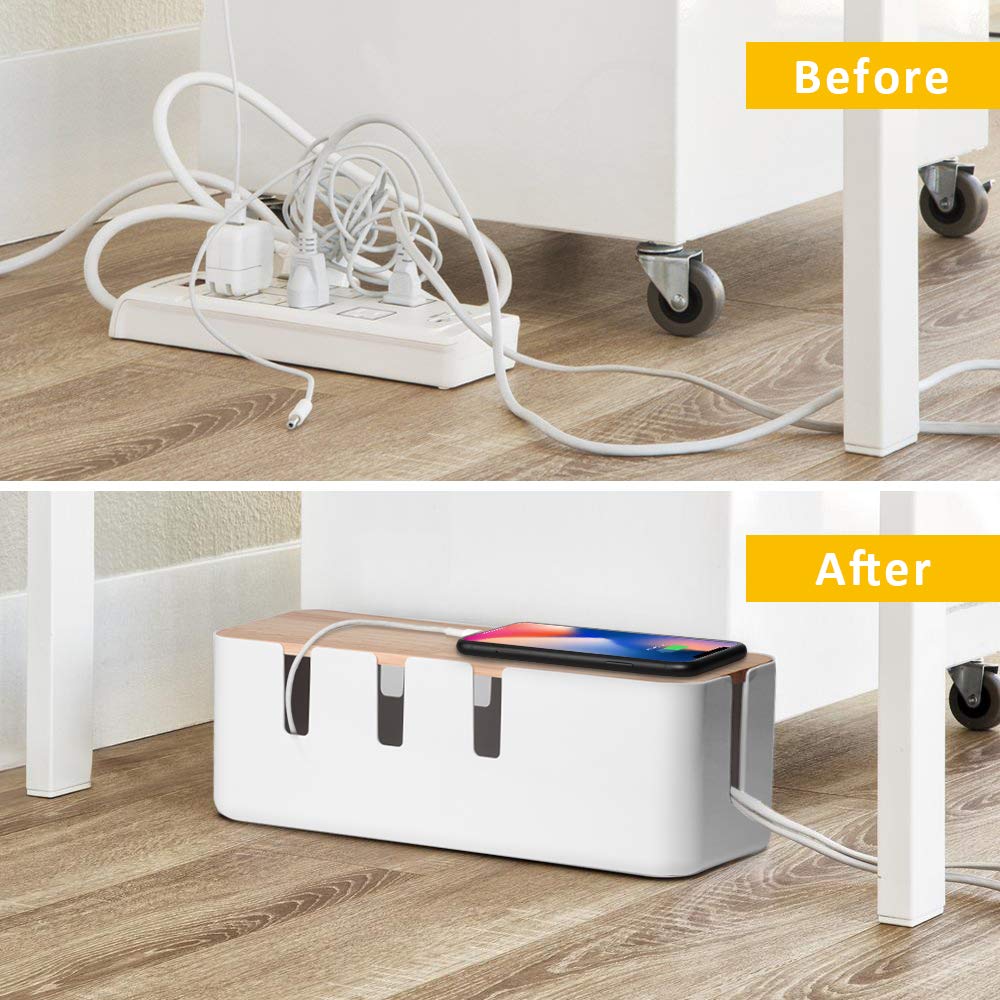 Cable Management Box by Baskiss, 12x5x4.5 inches, Wood Lid, Wire Organizer for Desk TV Computer USB Hub System to Cover and Hide &#x26; Power Strips &#x26; Cords