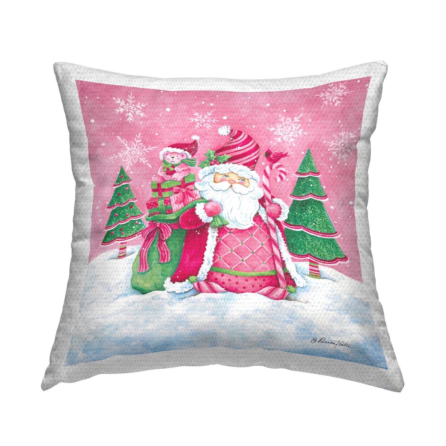 Pink Santa Snowscape Design by Diane Kater Outdoor Printed Pillow
