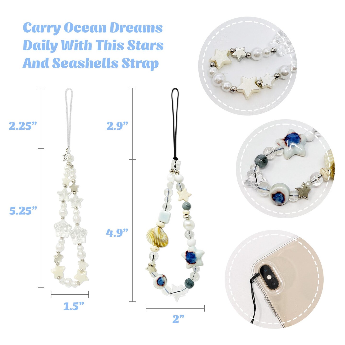Wrapables Charms and Beads Cell Phone Wrist Strap, Keychain, Bag Charm (Set of 2), Stars and Seashells