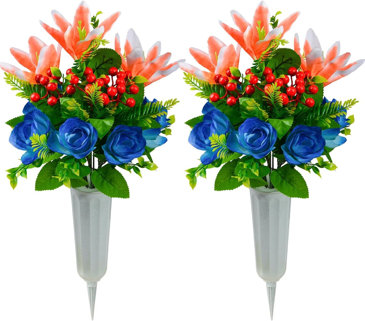 Set of 2 Artificial Orange Lily Cemetery Bouquets with Vases for Grave and Headstone Decoration