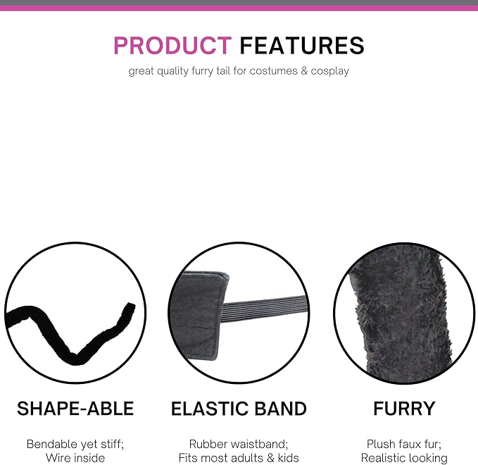 4E’s Novelty 25" Adjustable Furry Black Cat Tail Costume – Bendable Faux Fur Tail for Adults & Kids, Cosplay, Halloween Dress-Up, Cat, Fox, Wolf, Raccoon, and Animal-Themed Costume Accessory
