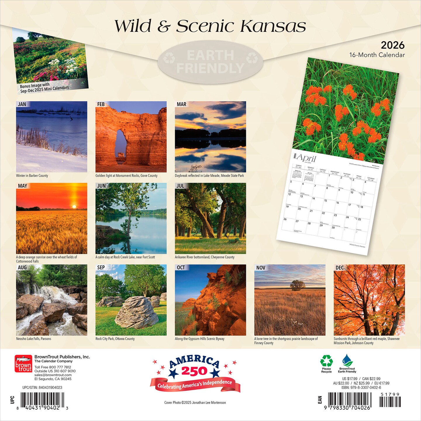 Kansas Wild & Scenic | 2026 12 x 24 Inch (Hanging) Monthly Square Wall Calendar | Plastic-Free