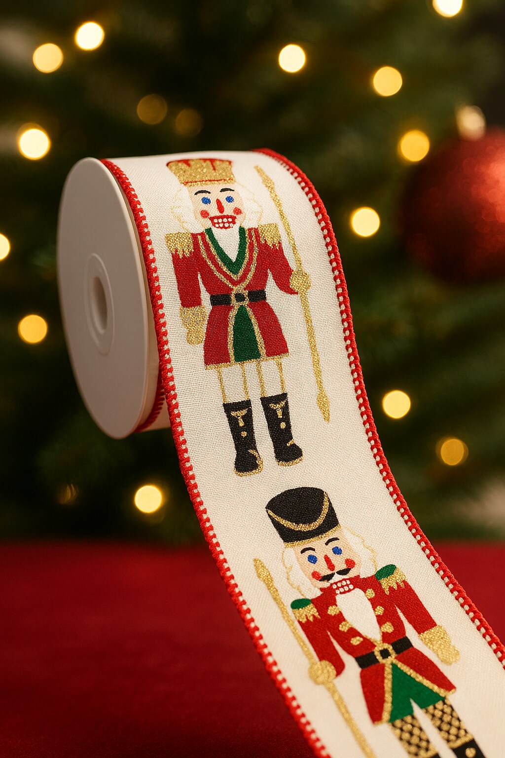 Designer&#x27;s Shop WR 63-5222 2.5&#x201D; x 10 yard Holiday Nutcracker with gold glitter wired edge ribbon