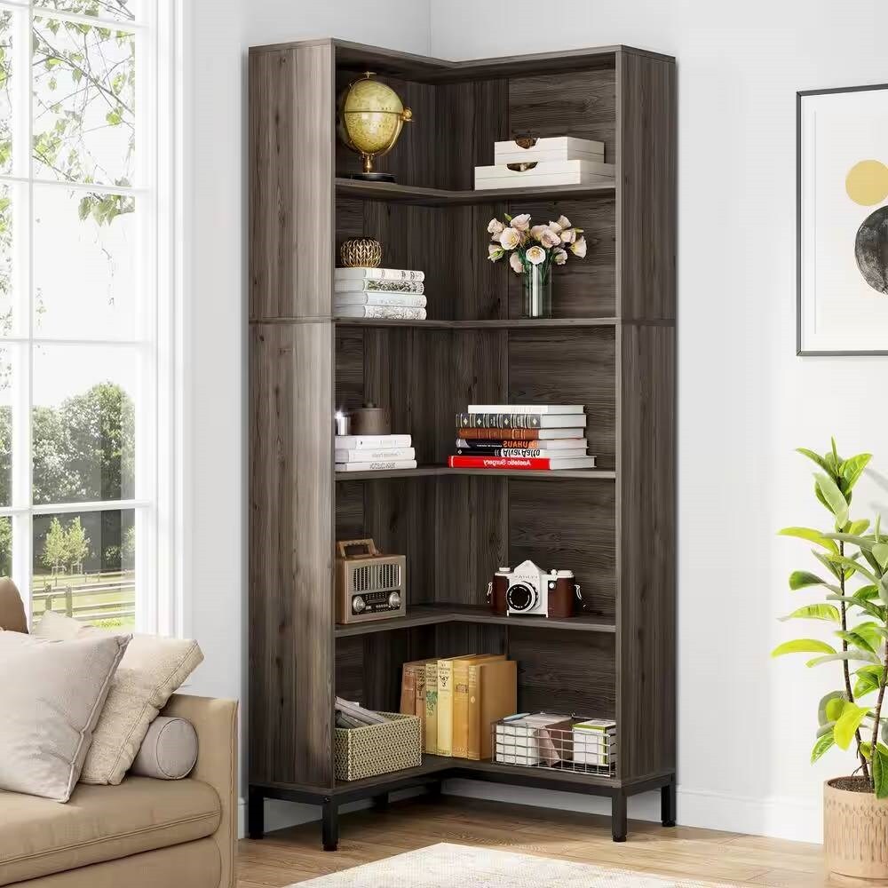 71" Dark Grey Wood Freestanding Corner Etagere Bookshelf with Closed Back and 5-Tier Shelves