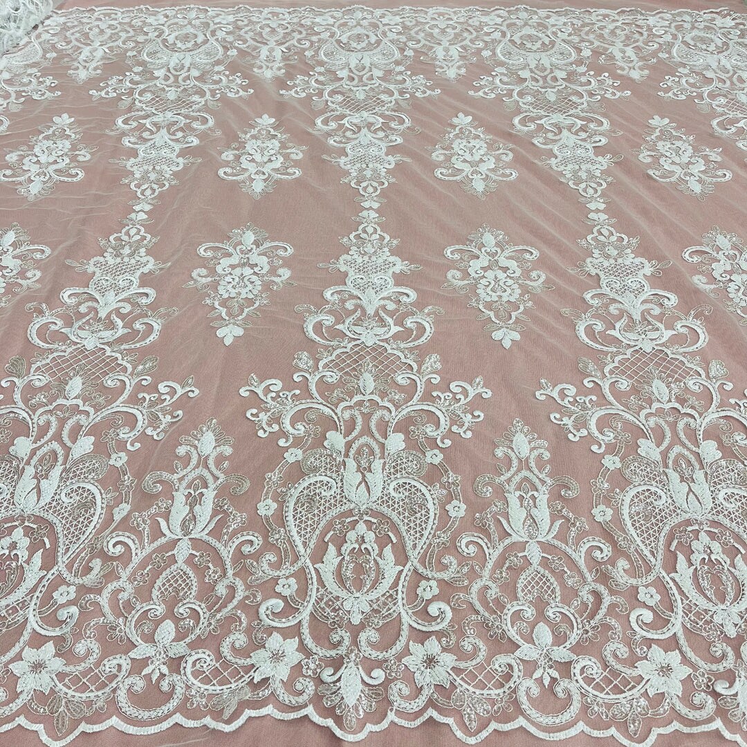 1 Yard Ivory Beaded & Sequined Embroidered Lace Fabric on 100% Polyester Mesh, 54" Wide