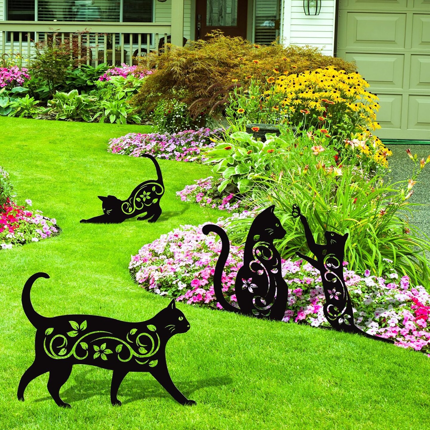 4 Pack Black Cat Silhouette Cute Metal Cat Garden Statues