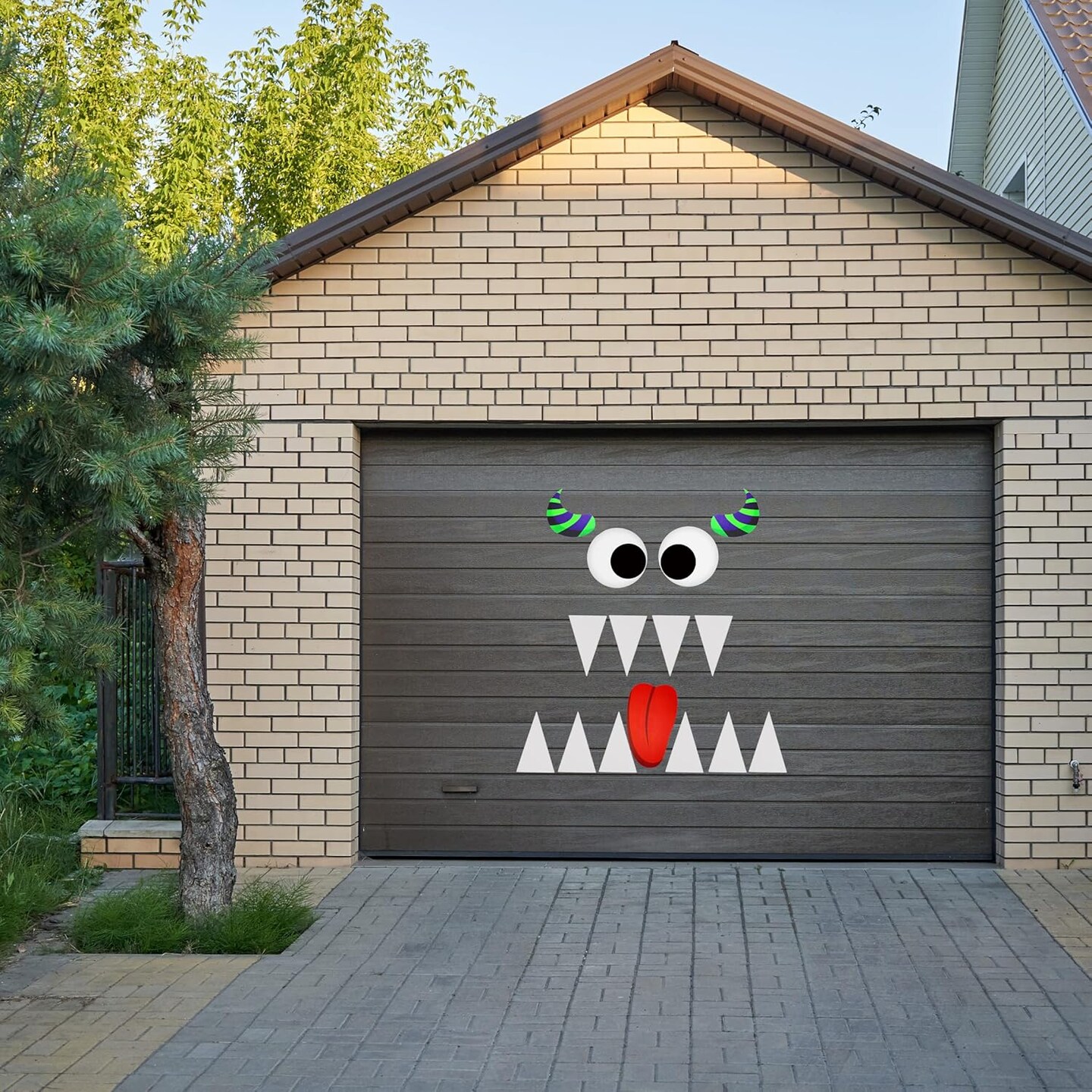 4E&#x27;s Novelty Monster Trunk or Treat Car Decoration Kit &#x2013; Huge Eye Monster Face with Teeth, Tongue, Horns, Waterproof PVC Outdoor Halloween Garage Door &#x26; Car SUV Decorations for Kids Party