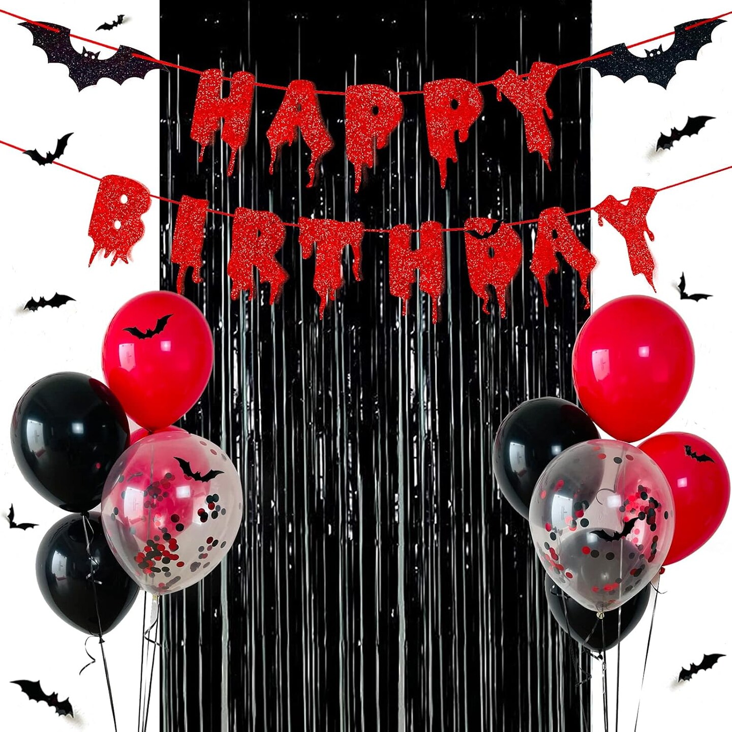 Red Glittery Happy Birthday Halloween Banner Black Foil Curtains Backdrop